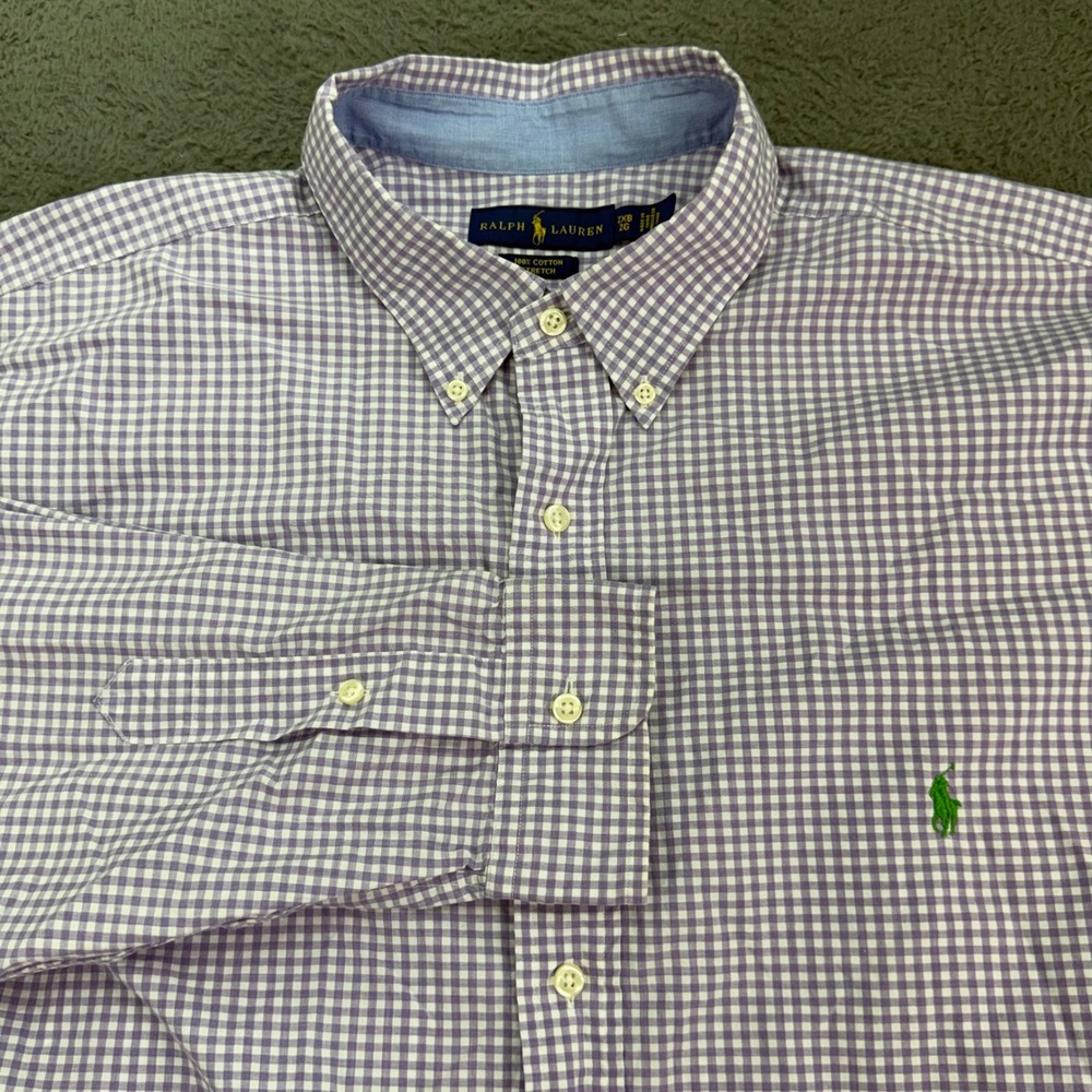 Ralph Lauren Button Down Shirt Mens 2XB Purple Gingham Check Stretch Long Sleeve